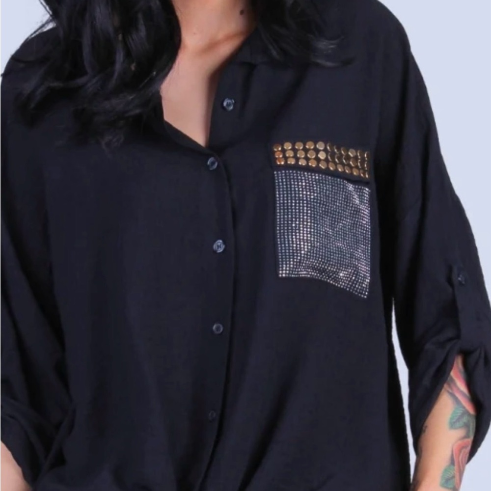 Elegant Black Button-Down Women's Shirt with Studded Pocket